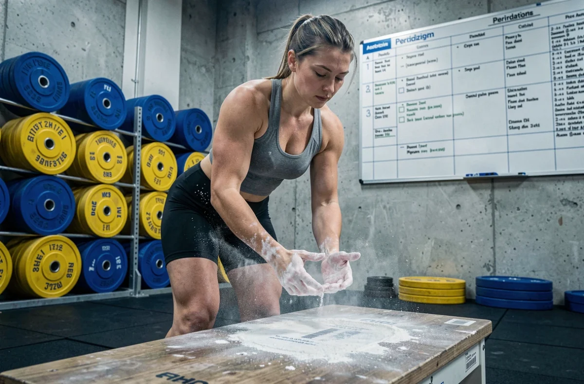 Haltérophile féminine se magnésiant les mains devant un tableau de périodisation dans une salle d'haltérophilie professionnelle