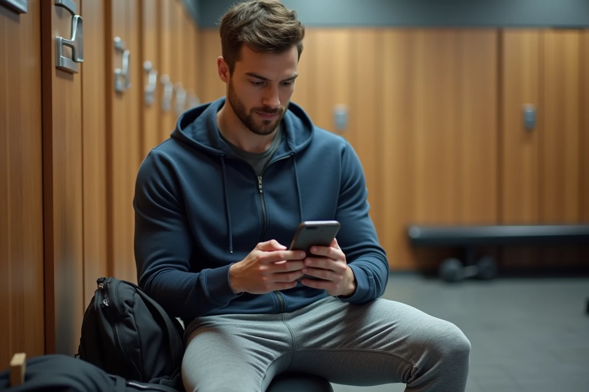 Homme consultant une application de réduction pour salle de sport sur son smartphone dans un vestiaire