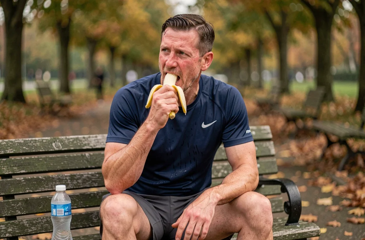 Homme se restaurant avec une banane sur un banc de parc après une séance de course à pied