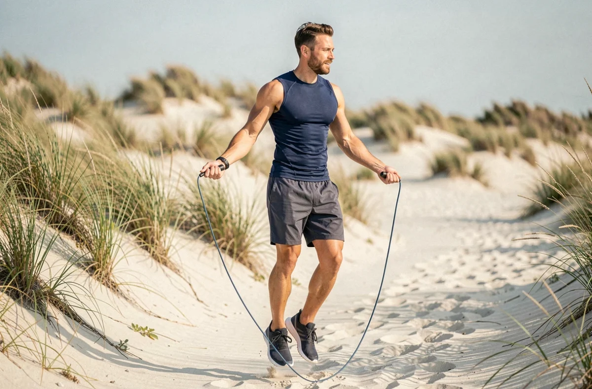 Homme en tenue de sport sautant à la corde sur un chemin côtier bordé de dunes