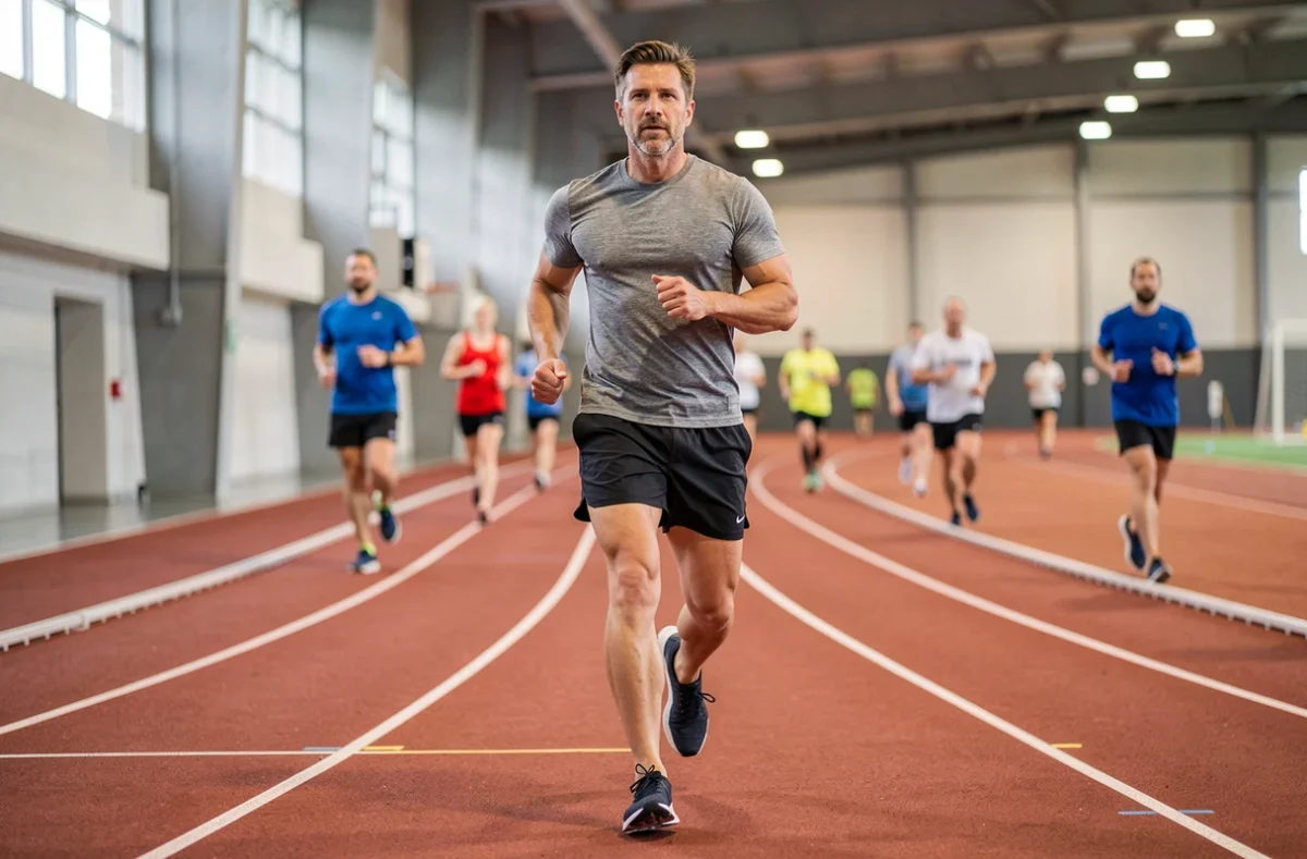 Homme qui court sur une piste d'athlétisme intérieure dans un complexe sportif municipal parisien pour reprendre le sport