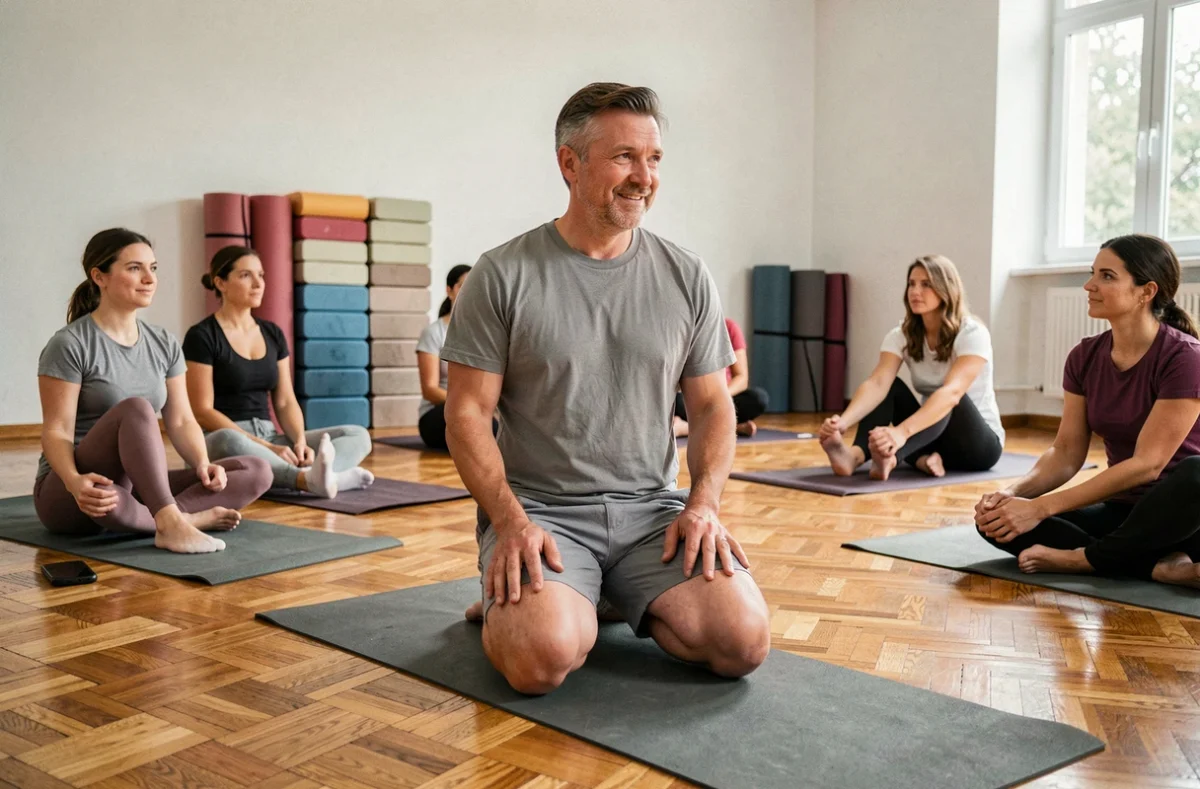 Homme débutant un cours de yoga adapté à son niveau dans un centre communautaire