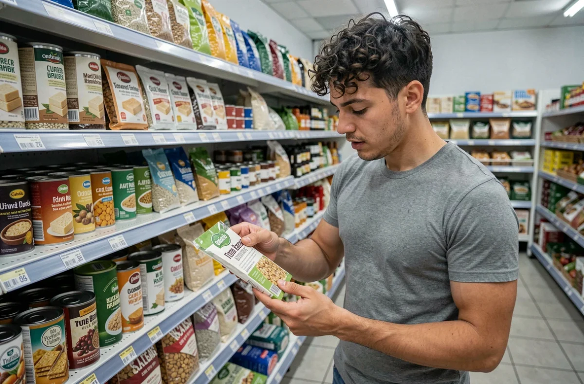 Jeune homme aux cheveux bouclés lisant l'étiquette d'un paquet de tempeh dans le rayon bio d'une épicerie, entouré de produits à base de protéines végétales