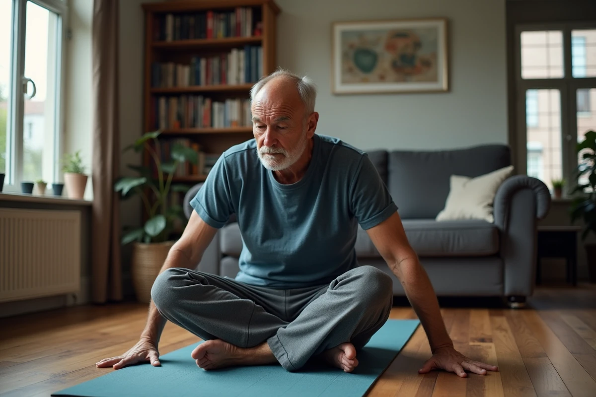 Homme d'une quarantaine d'années qui s'étire sur un tapis de yoga dans son salon pour reprendre le sport progressivement