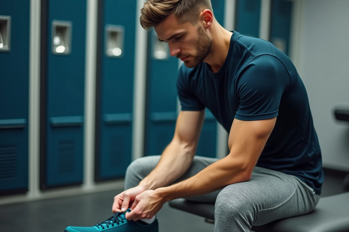 Jeune homme attachant ses chaussures de sport sur un banc de vestiaire dans une salle de sport moderne
