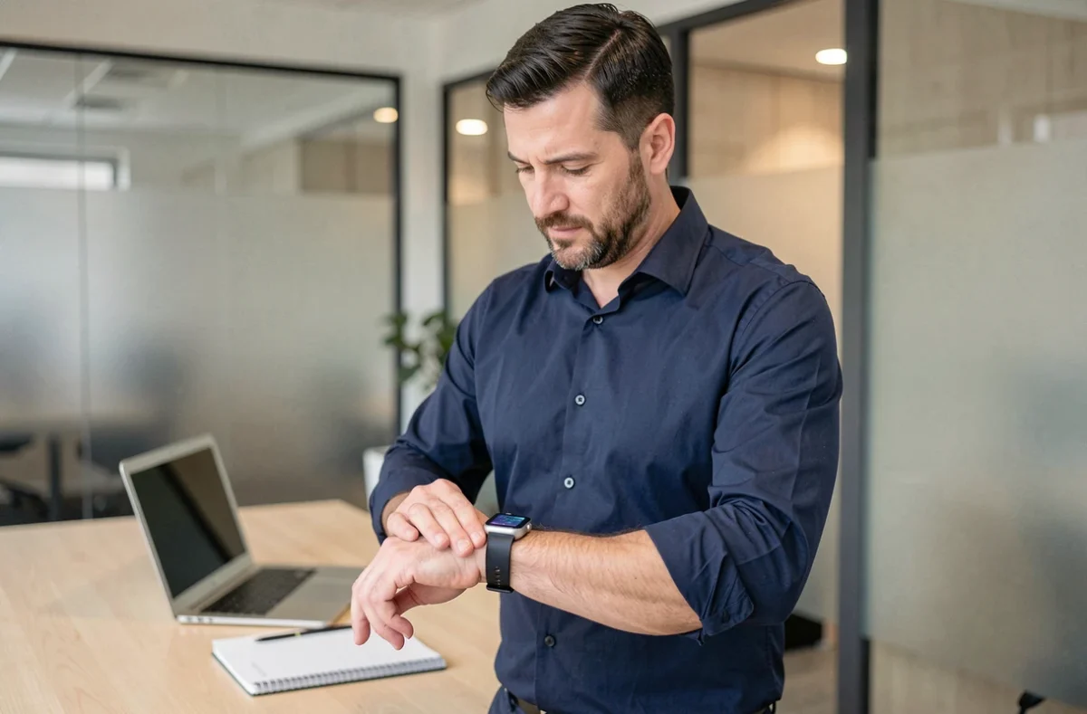 Homme d'affaires utilisant sa montre connectée au bureau