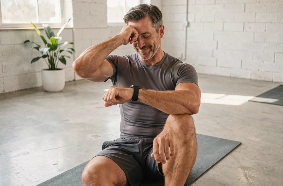 Homme consultant sa montre connectée après une séance de sport à domicile pour analyser sa fréquence cardiaque