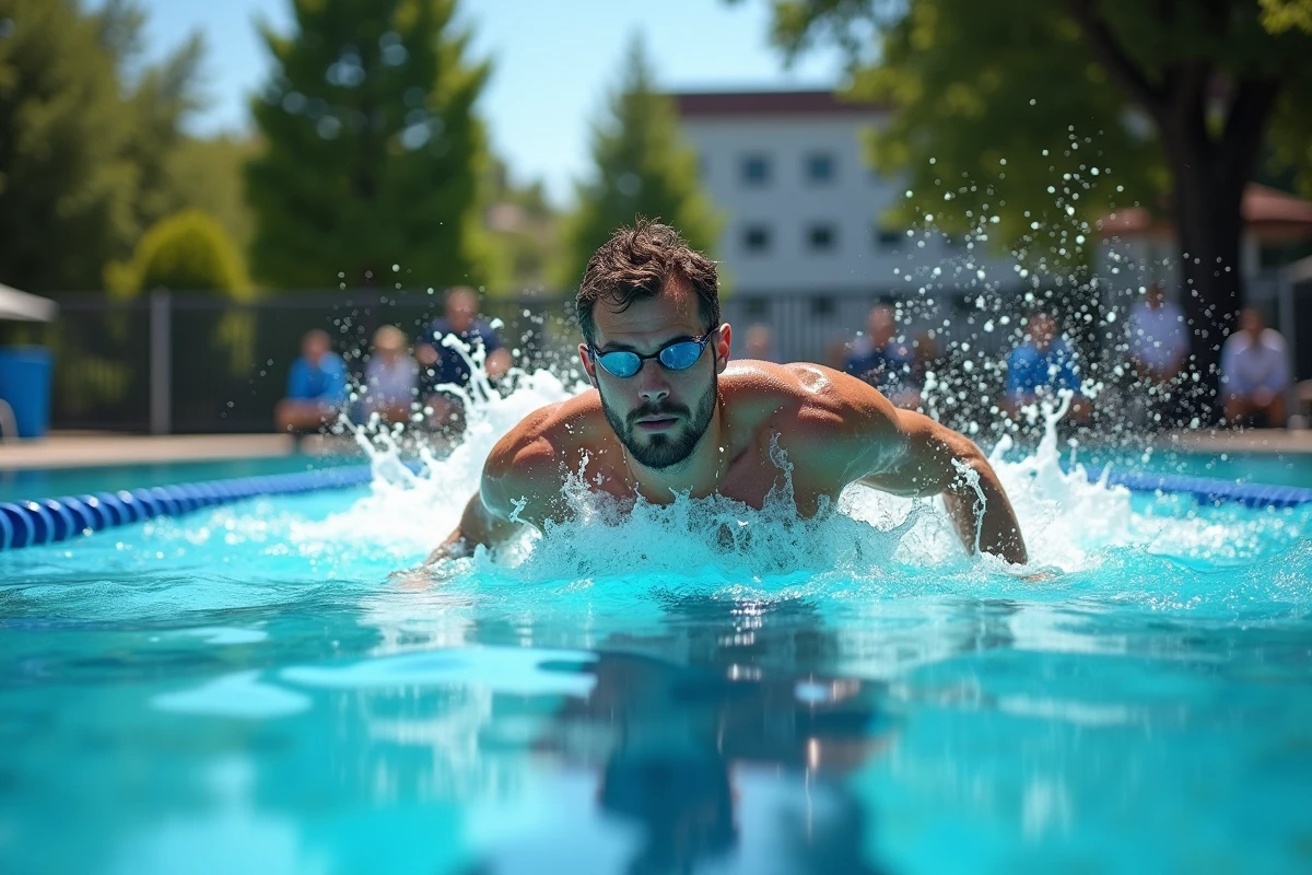 Homme en pleine nage crawl dans une piscine olympique extérieure, illustrant un entraînement de natation pour brûler des calories et maigrir