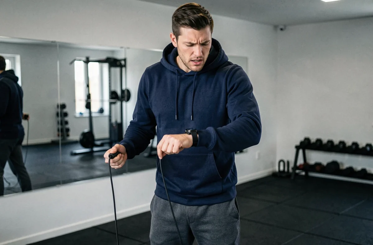 Homme vérifiant sa montre connectée pendant une pause lors d'une séance de corde à sauter en salle de sport à domicile