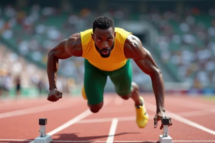 Sprinter masculin en combinaison jaune et verte jaillissant des starting-blocks lors d'un championnat d'athlétisme mondial