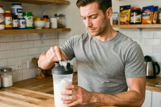 Homme préparant une dose de protéine en poudre dans une shaker dans sa cuisine, illustrant la consommation de compléments protéinés en musculation