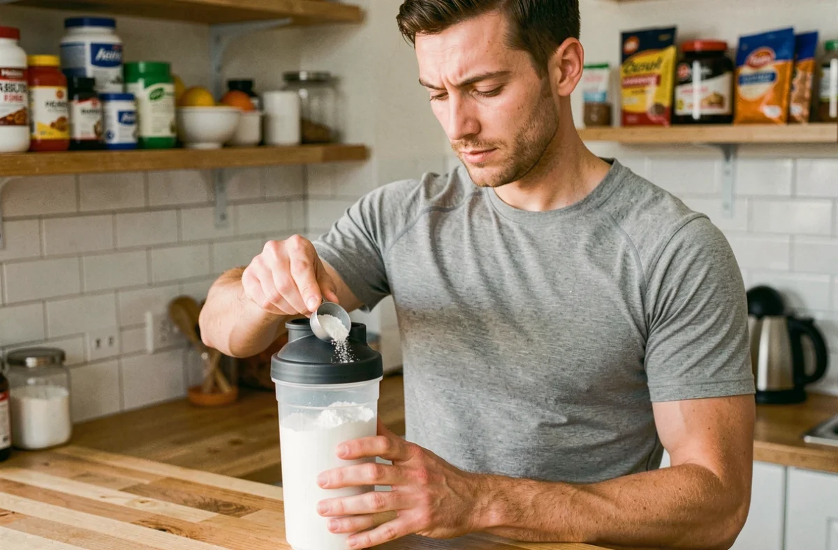 Homme préparant une dose de protéine en poudre dans une shaker dans sa cuisine, illustrant la consommation de compléments protéinés en musculation
