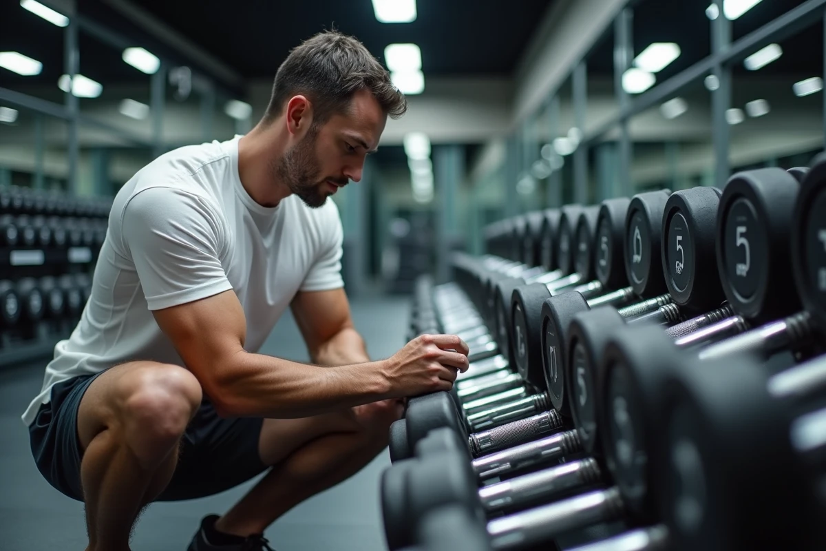 Homme accroupi devant un rack d'haltères en salle de sport commerciale, lisant l'étiquette de poids d'une haltère chromée pour faire le bon choix