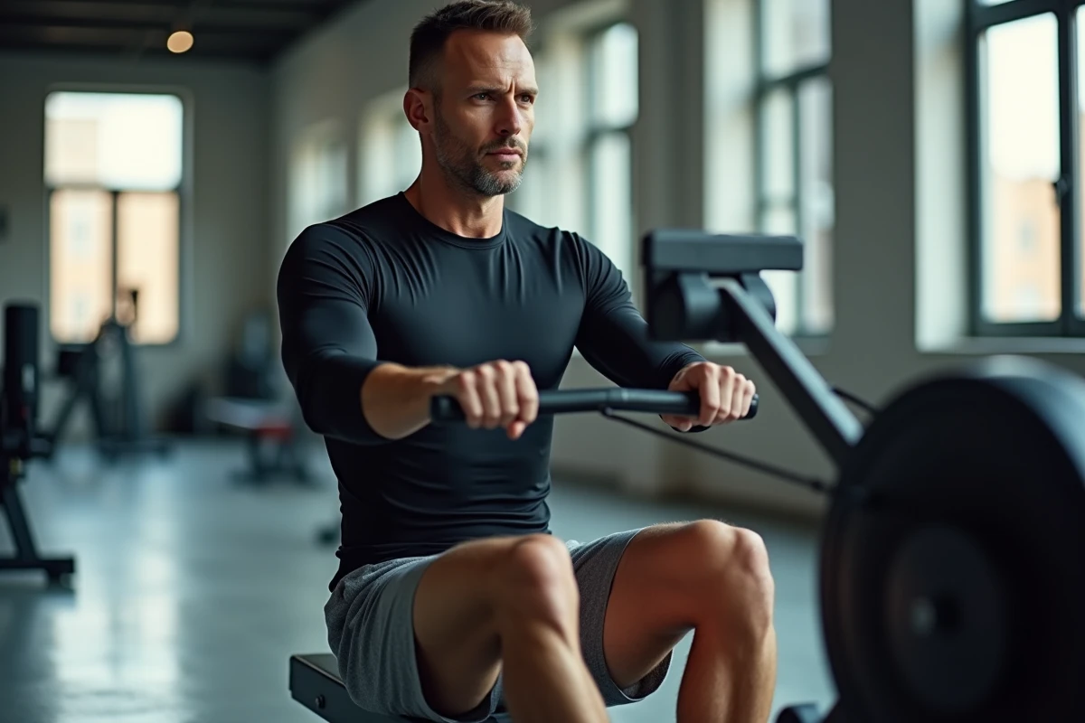 Homme utilisant un rameur en salle de sport, exercice cardio efficace pour perdre du poids et maigrir