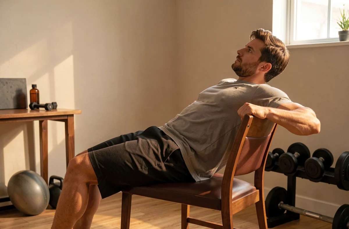 Homme réalisant des dips avec les mains sur le bord d'une chaise