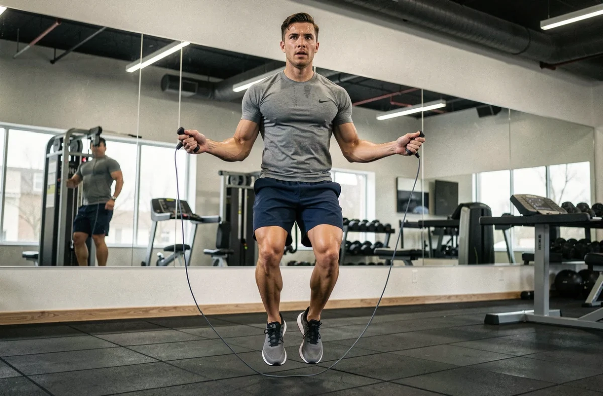 Homme qui saute à la corde dans une salle de sport moderne, exercice cardio pour brûler des calories