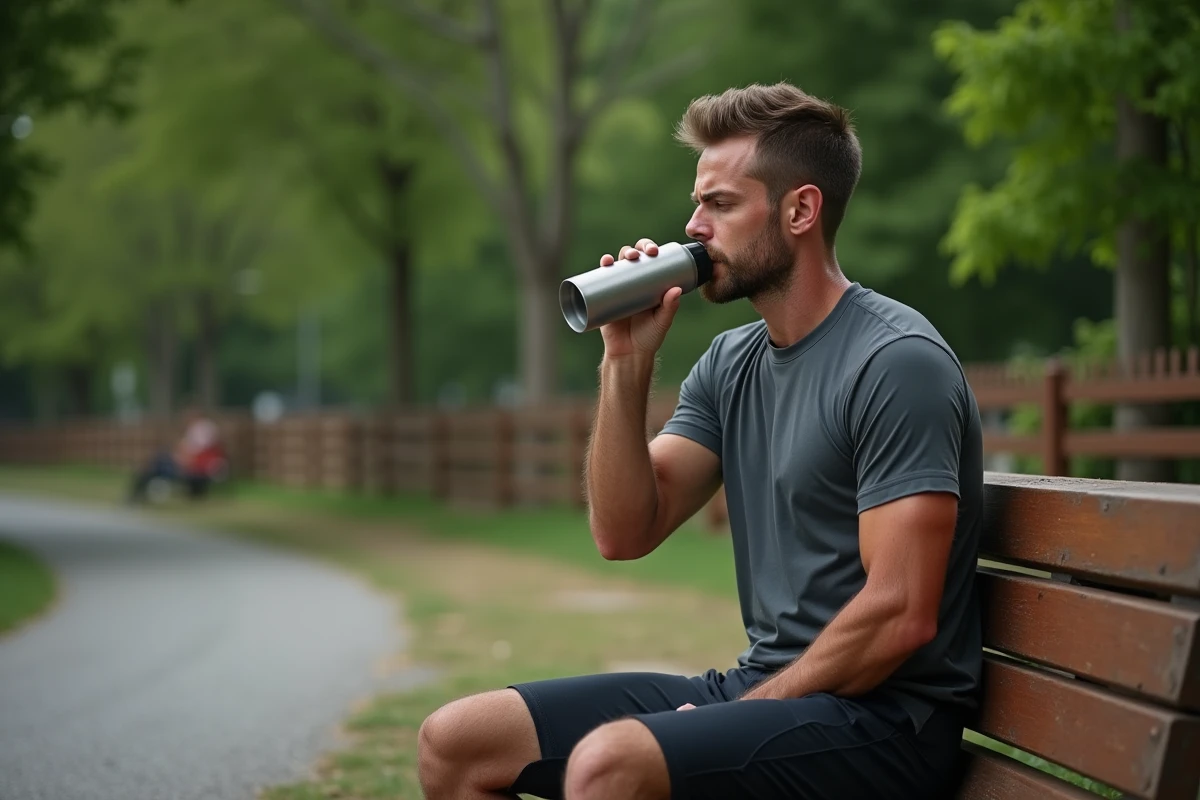 Homme sportif buvant à une gourde en acier inoxydable sur un banc dans un parc urbain après une séance de course, concept d'hydratation sportive