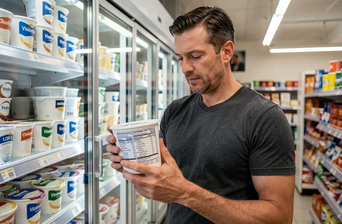 Homme lisant l'étiquette nutritionnelle d'un fromage blanc dans le rayon produits laitiers d'un supermarché