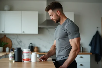 Homme lisant l'étiquette de suppléments sportifs dans sa cuisine avant d'aller à la salle de sport
