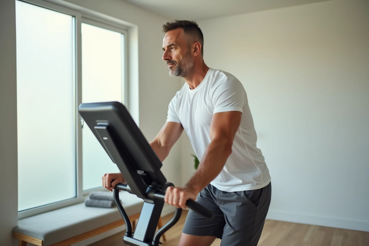 Homme sur vélo elliptique dans une salle de sport à domicile
