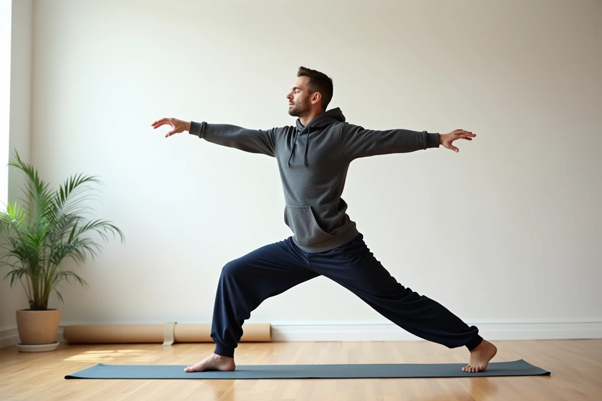 Homme pratiquant le yoga dans un studio minimaliste pour soulager l'anxiété et la dépression
