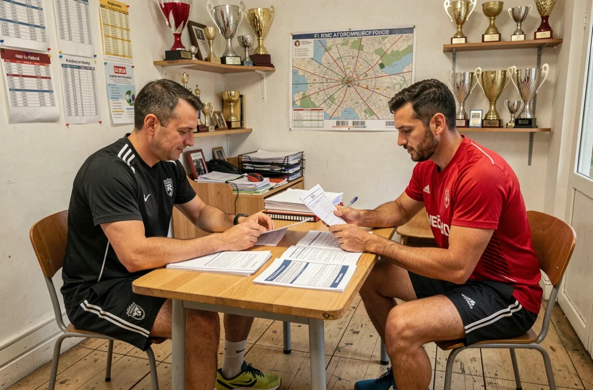 Inscription dans un club de football parisien abordable, discussion des tarifs d'adhésion dans un bureau associatif