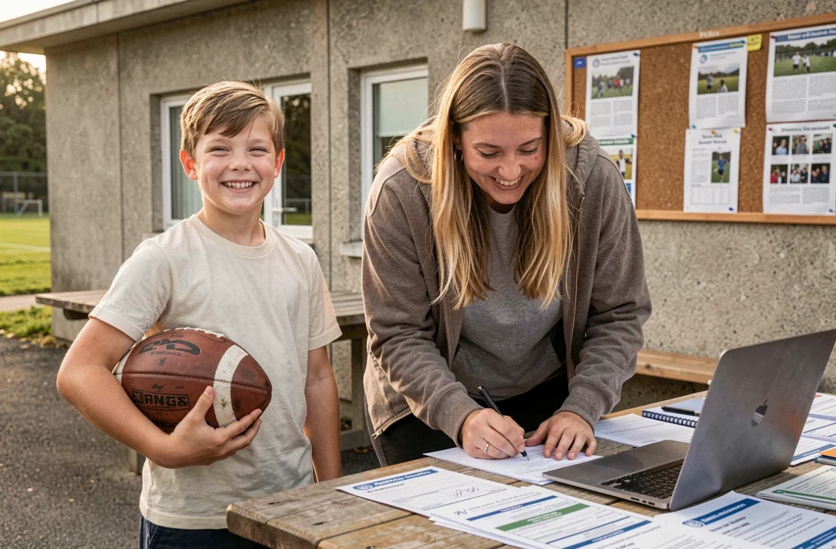Inscription d'un jeune joueur au Sporting Club Aubagne Air Bel avec sa mère à la table d'accueil