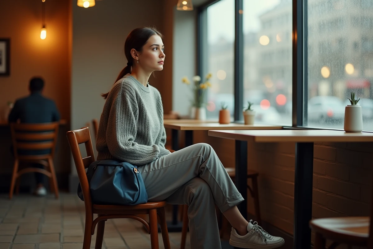 Jeune femme songeuse dans un café avec un sac de sport posé au sol, évoquant l'abandon ou la difficulté à maintenir une pratique sportive régulière