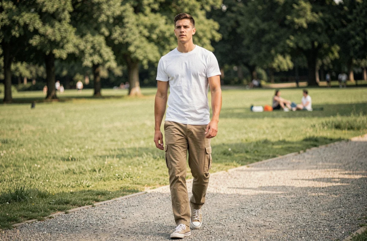 Jeune homme marchant seul sur un chemin de parc en plein air représentant 1 km à pied