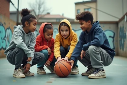 Groupe de jeunes adolescents aux origines diverses jouant au basketball sur un terrain urbain public, illustrant l'accès inégal aux équipements sportifs