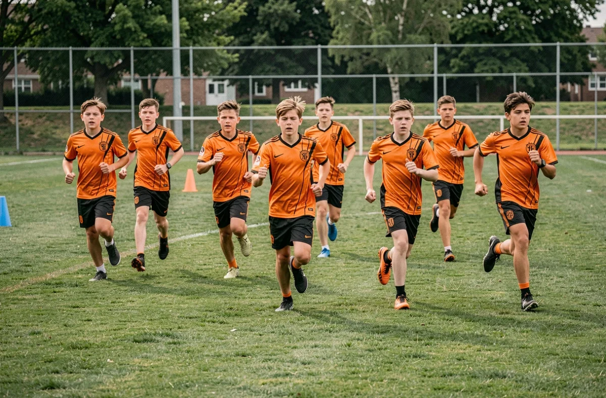 Jeunes joueurs de football en maillot orange courant sur le terrain d'entraînement du Sporting Club Aubagne Air Bel