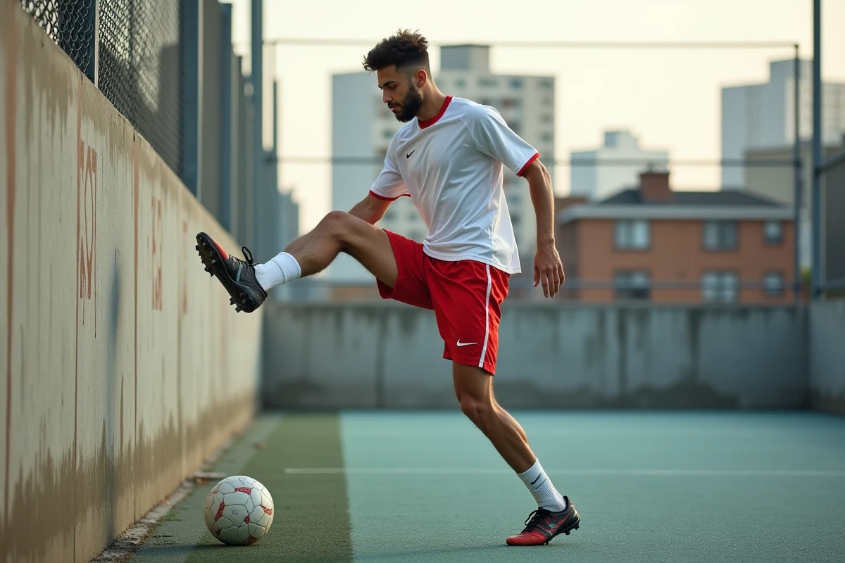 Jeune footballeur s'entraînant seul contre un mur de renvoi en milieu urbain pour améliorer sa technique de frappe et sa précision