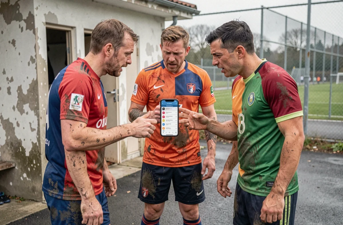 Joueurs de football amateur consultant le classement du district sur smartphone après un match