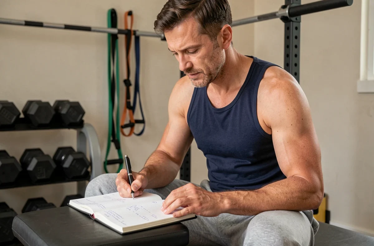Homme d'âge mûr notant ses progrès de musculation dans un carnet d'entraînement dans une salle de sport à domicile