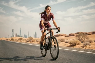 Cycliste qatarie en maillot professionnel pédalant sur une route désertique avec les gratte-ciels de Doha en arrière-plan
