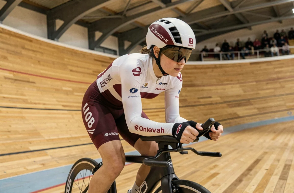 Cycliste qatarie en position de contre-la-montre sur un vélo de piste dans un vélodrome moderne