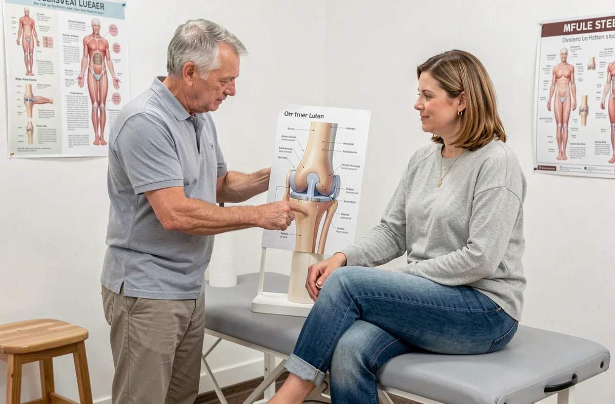 Kinésithérapeute expliquant la douleur au genou externe à une patiente lors d'une consultation médicale