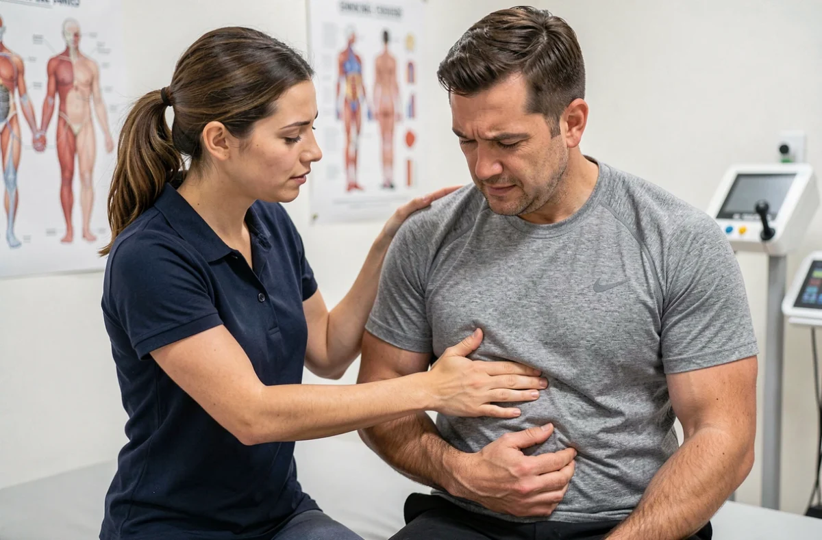 Kinésithérapeute guidant un patient dans des exercices d'étirement pour soulager les courbatures abdominales