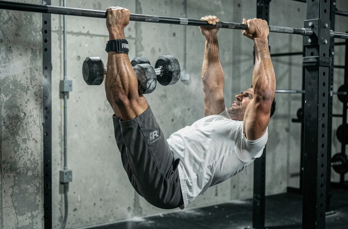 Homme suspendu à une barre effectuant des relevés de jambes avec haltère, exercice d'abdominaux avec poids en CrossFit
