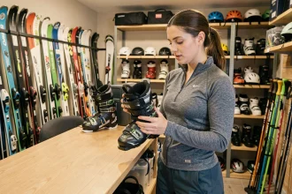 Femme examinant des fixations de ski de randonnée dans un magasin de location de matériel alpin
