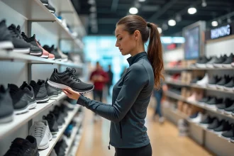 Femme examinant des chaussures de running dans un magasin de sport moderne, illustration du marché du sport en France