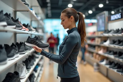 Femme examinant des chaussures de running dans un magasin de sport moderne, illustration du marché du sport en France