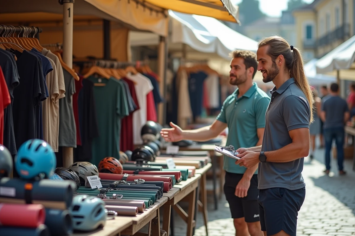 Stand de vente d'équipements sportifs sur un marché extérieur urbain, reflet de la dynamique du secteur sport en plein air