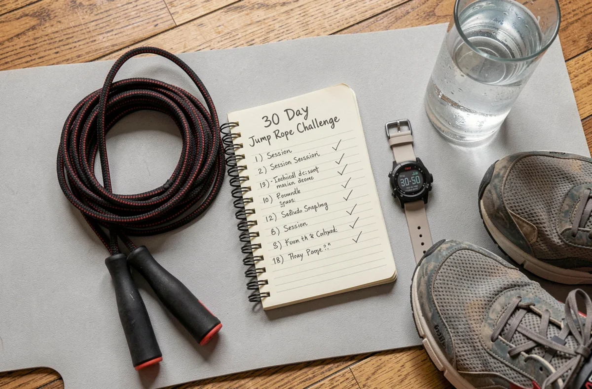 Tapis de sport avec corde à sauter, carnet de défi 30 jours, montre connectée et chaussures de sport posés à plat
