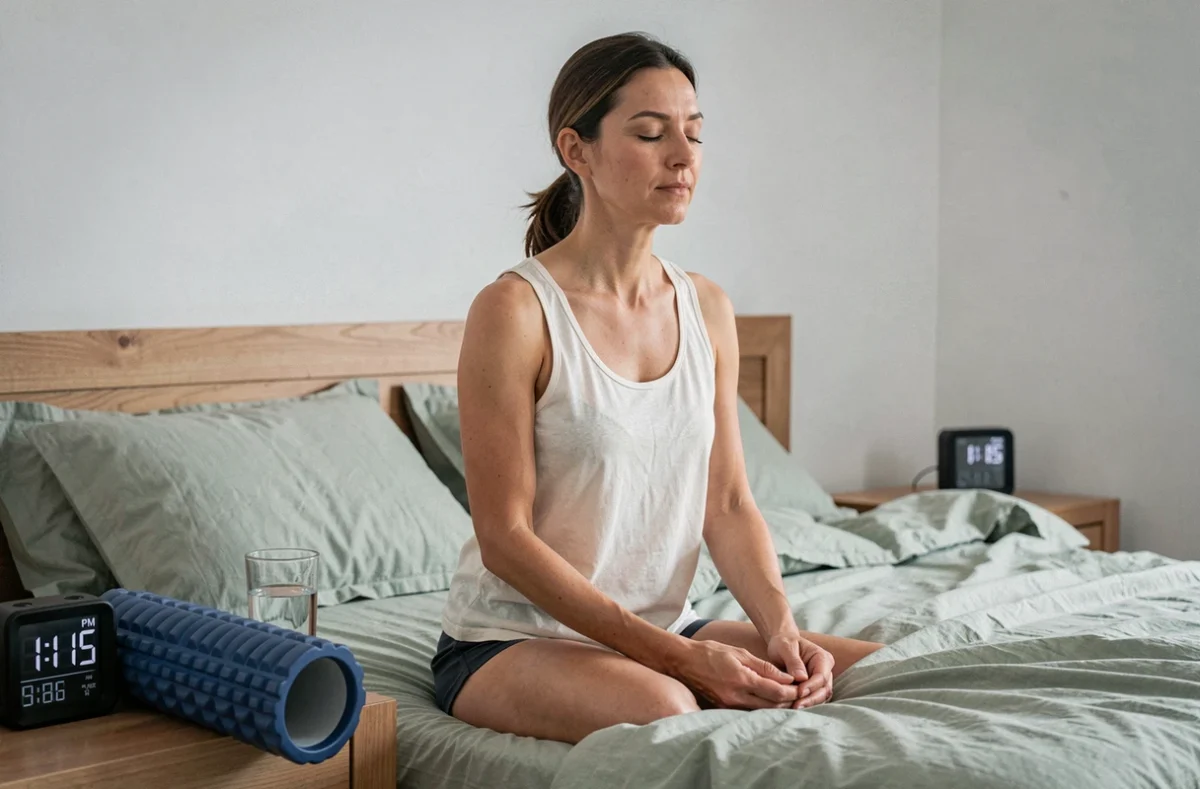 Femme assise en méditation sur son lit après le sport le soir pour favoriser l'endormissement