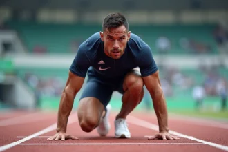 Athlète masculin en position de départ sur une piste d'athlétisme lors d'une compétition internationale