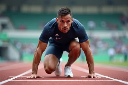 Athlète masculin en position de départ sur une piste d'athlétisme lors d'une compétition internationale