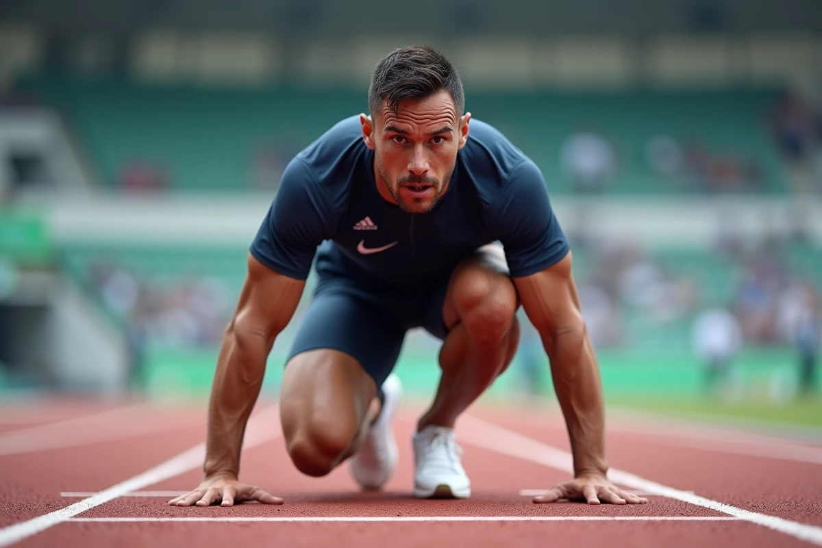 Athlète masculin en position de départ sur une piste d'athlétisme lors d'une compétition internationale