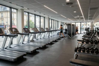 Vue panoramique d'une salle de fitness moderne en Bourgogne-Franche-Comté avec équipements complets et membres en train de s'entraîner