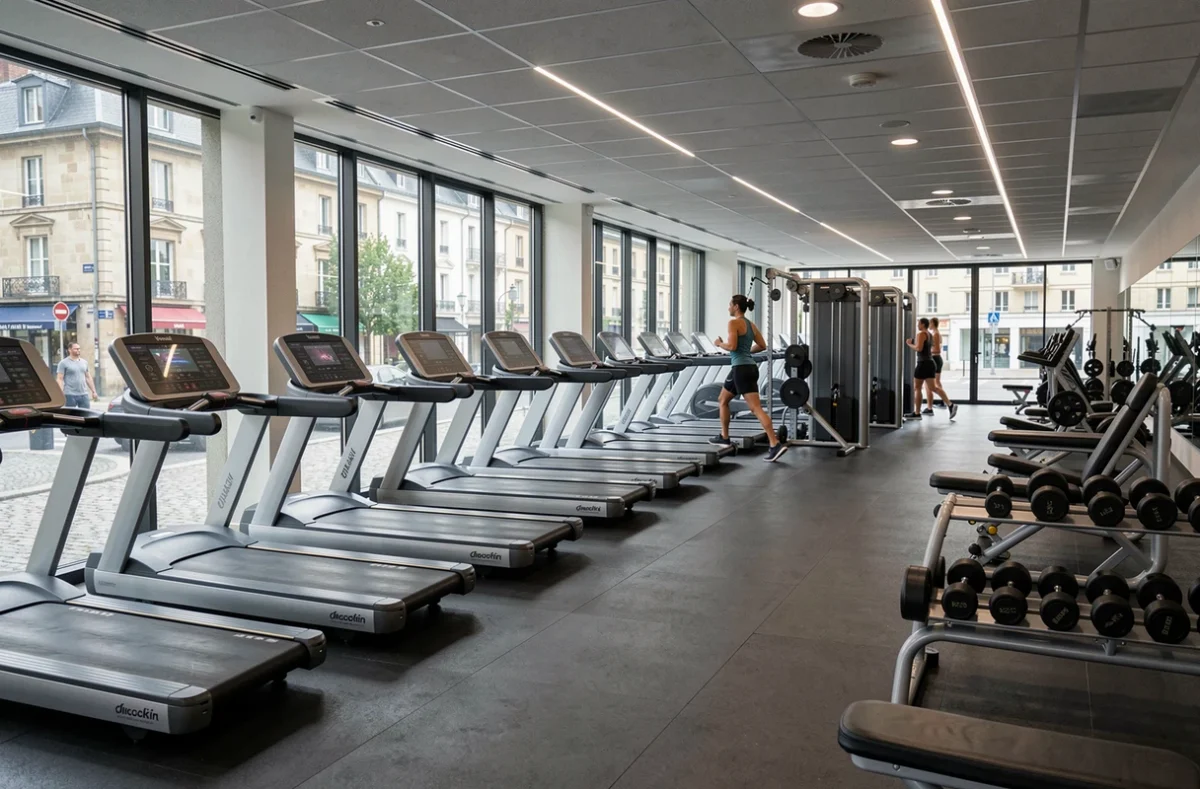 Vue panoramique d'une salle de fitness moderne en Bourgogne-Franche-Comté avec équipements complets et membres en train de s'entraîner